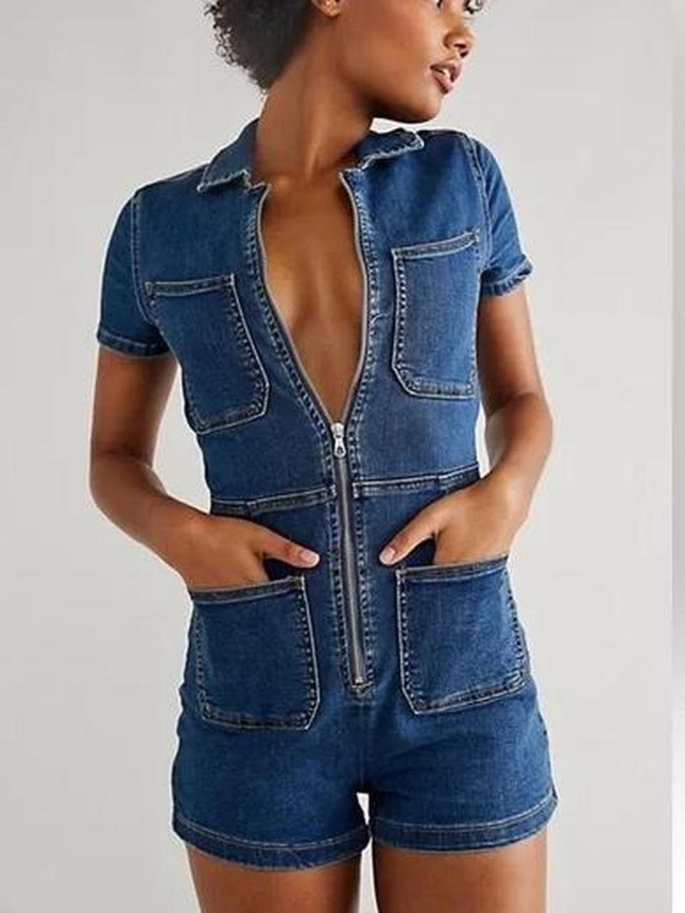 Free People Deep V Zip Denim Short Overalls in Blue